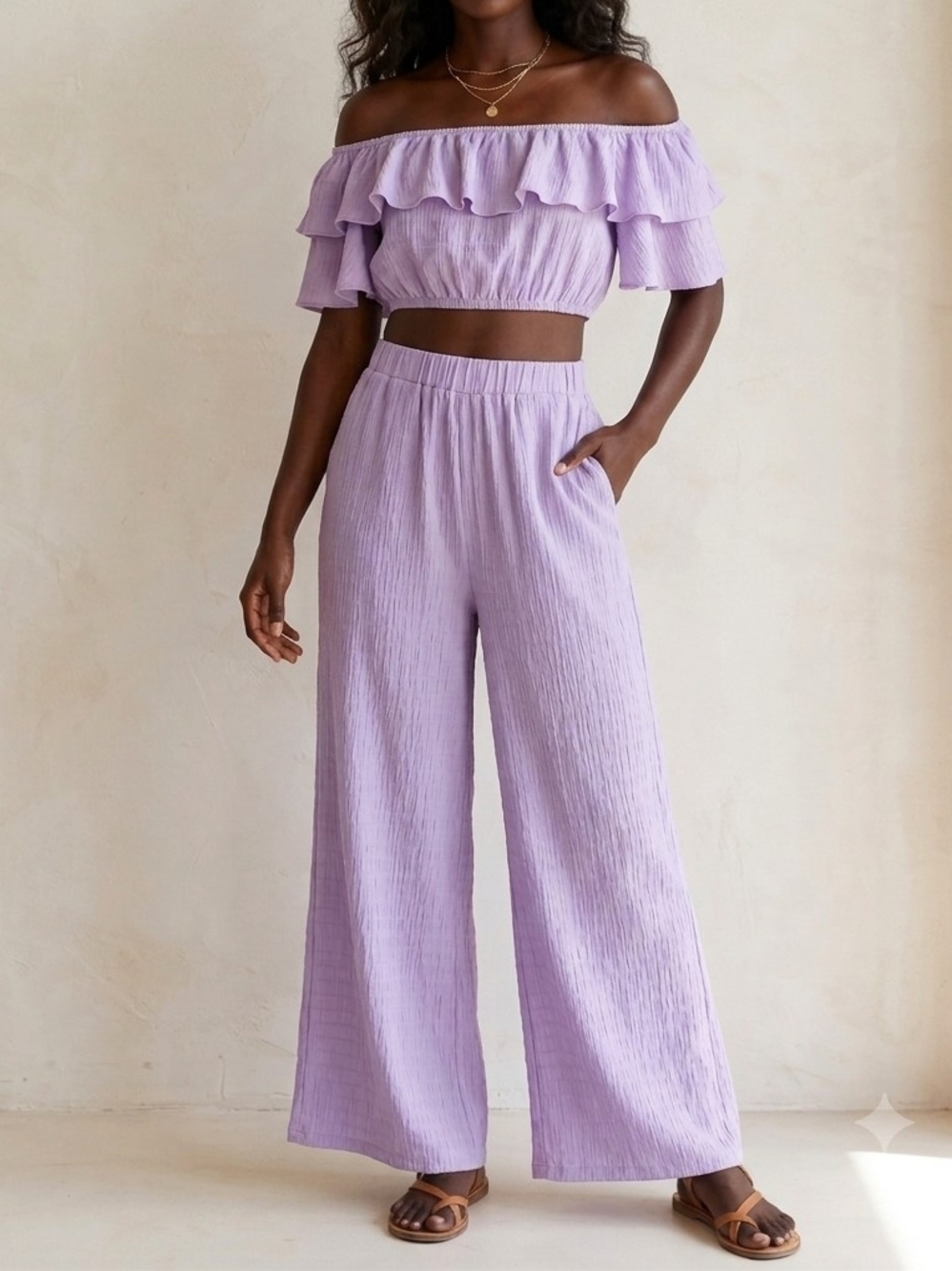SHEIN Lavender Off-Shoulder Ruffle Crop Top & Wide-Leg Pants Set
